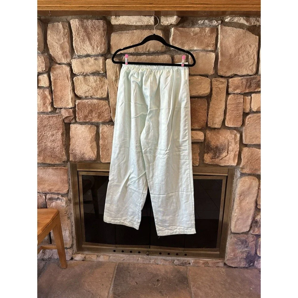 VTG Miss Elaine Satin Pajamas Long Sleeve Set Pants Top L Mint Pastel Green 2Pc
